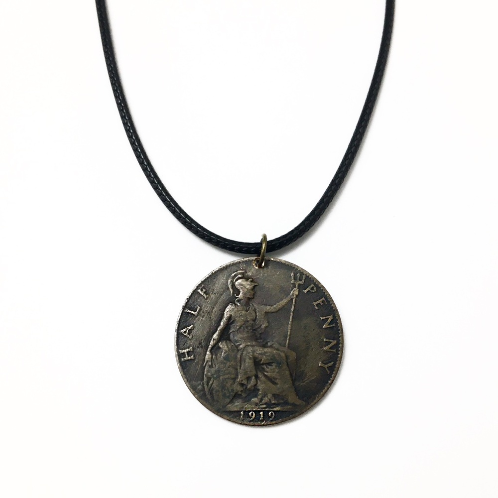 Antique 1919 Coin Necklace—George V—Great Britain Half Penny—18-inch necklace